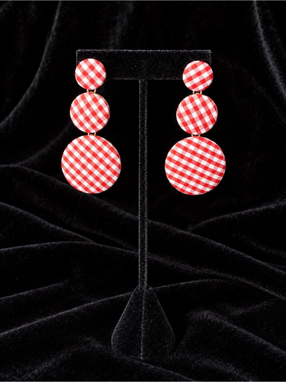 Red and White Gingham Check Triple Drop Earrings